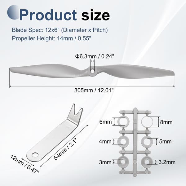 MECCANIXITY 12x6 tommer RC-propeller, 2-bladet propellerudskiftning grå højhastighedspropeller med adapterringe og propelnøgle til RC-fly 12" x 6" 2