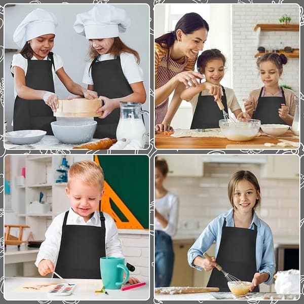 Forkle og kokkehattsett for barn, justerbart barneforkle, barnas kokkemaling for matlaging og baking, svart black
