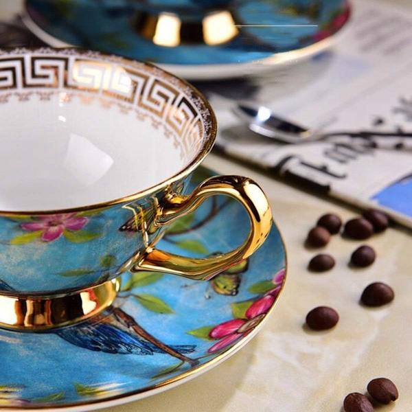 Tech Euro Style Kop& Underkop Sæt, Bone China Tekop Kaffe Kop til Morgenmad Hjem Køkken- Fugle og Træer Mønstre (Blå)