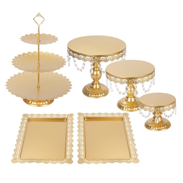 6 stk Rundt kagestativ Metal Dessert Display med krystalperler, 3-lags runde Cupcake Stand Vintage Style til fest bryllup dekoration (guld)