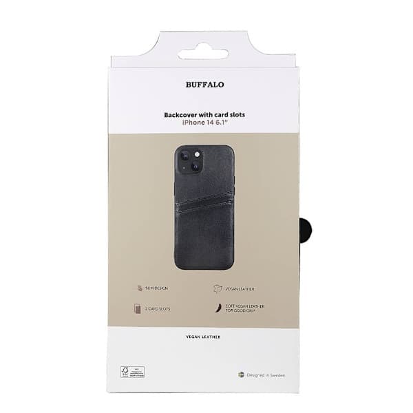 Buffalo iPhone 14 / 13 -kotelo nahkaa, 2 korttipaikkaa, musta 140 140