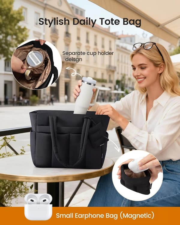 1 stk. mulepose til kvinder, letvægts puffer laptop håndtasker arbejdstasker med lynlås og rum, sort black