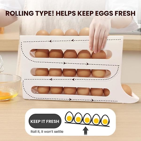 4-etasjes eggestativ for kjøleskap, eggestativ for kjøleskap, eggdispenser automatisk rullende eggbrett oppbevaring 30 egg