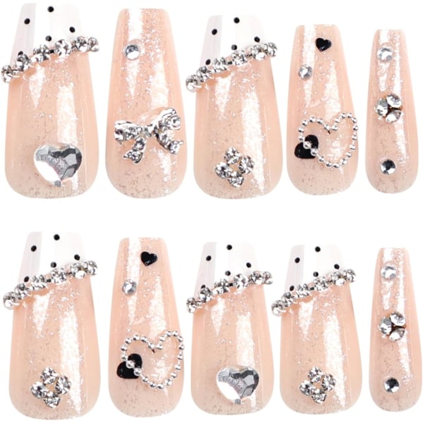 24 stk franske spiss falske negler kiste medium lengde, hvit kant glitter gull stikk på negler ku mønster trykk på negler hjerte rhinestone flyttbar