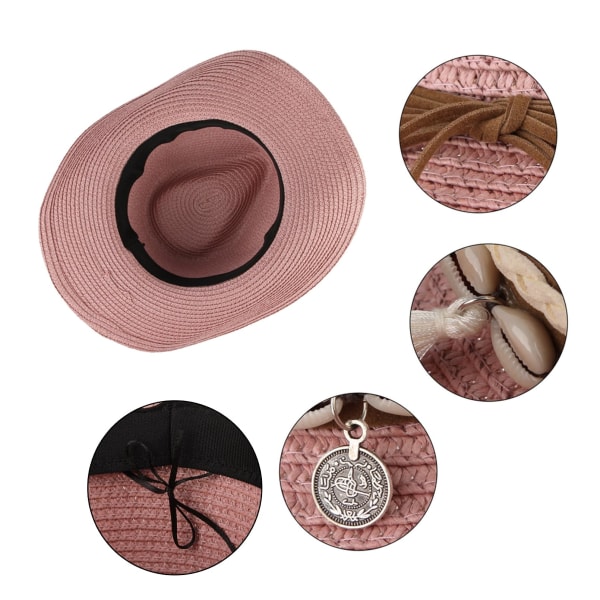 Dame Sommer Halm Cowboy Cowgirl Hat Solhatte Bred Skygge Strand Ferie Halm Hat(Pink)