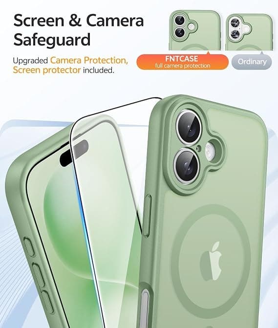 FNTCASE til iPhone 16 Plus-deksel med skjermbeskytter, MagSafe-kompatibel, klar matt, støtsikker skall i militær kvalitet, lys mose Light Moss