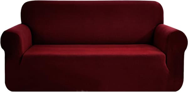 Högelastiskt sofföverdrag i ett stycke (3-sits) – Maskintvättbart, inga skumankringsremsor ingår (vinröd; passar storlekar: 185–230 cm) WIne red