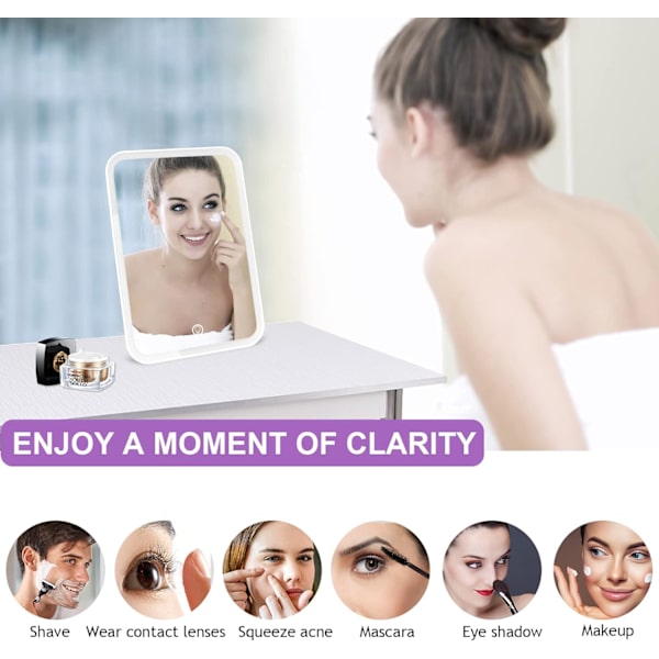 Lighted Makeup Mirror med lys, Vanity Mirror med LED lysstyrke justerbar bærbar USB oppladbar-hvit
