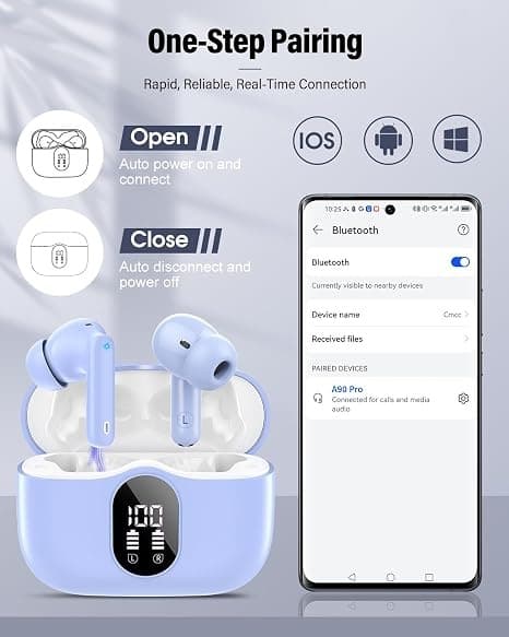 Trådløse hovedtelefoner Bluetooth 5.4 med LED-display, støjreducerende mikrofon, HiFi Stereo In-Ear hovedtelefoner, IP7 vandtæt til iPhone Android Pale blue