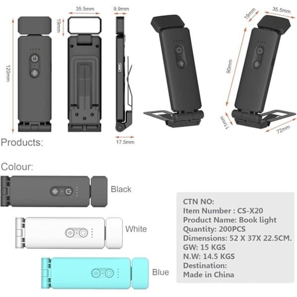 Bærbar USB Genopladelig LED Boglampe med Klips - 3 Farvetemperaturer, 5 Lysstyrkeniveauer, 30/60 Min Timer Sort black