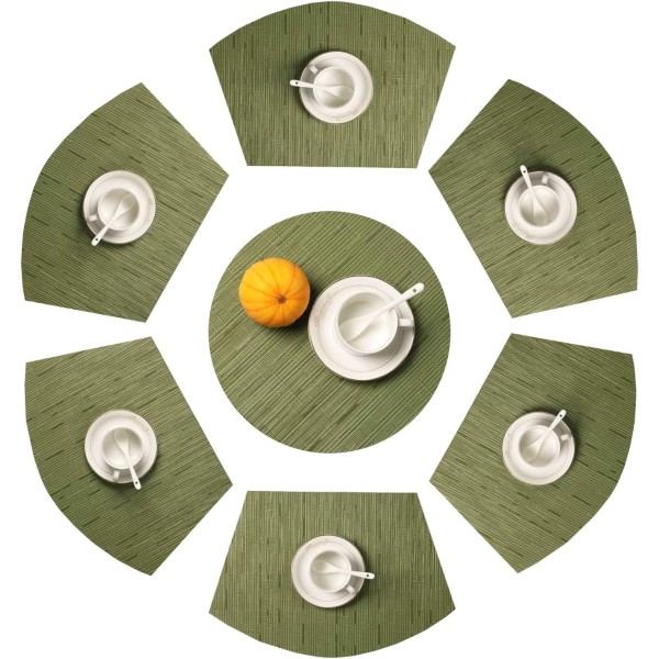 Runda bordsunderlägg Set med 7 vävda vinylunderlägg 6 kilar med rund matta för köksbord Runda bordsmattor Torka av (7, grön)