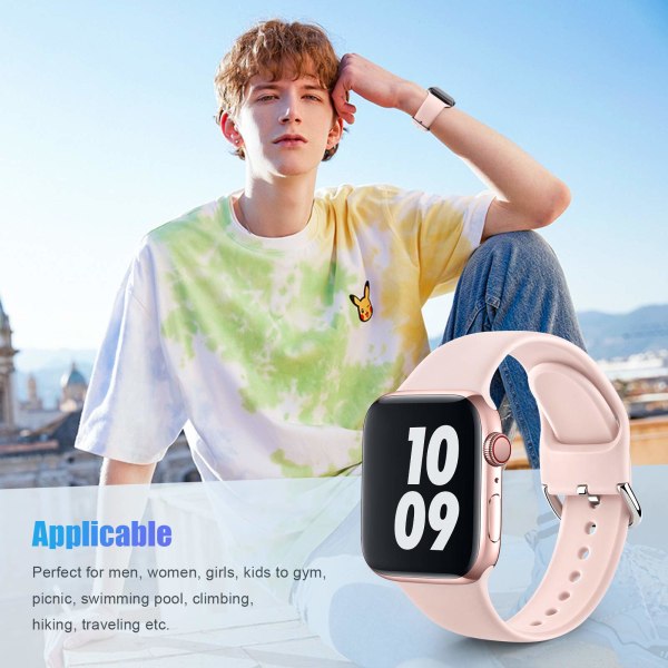 Sportband kompatibelt med Apple Watch iWatch-band 42 mm 44 mmS/M för kvinnor män, armband med mjuk silikonrem, rosa sand
