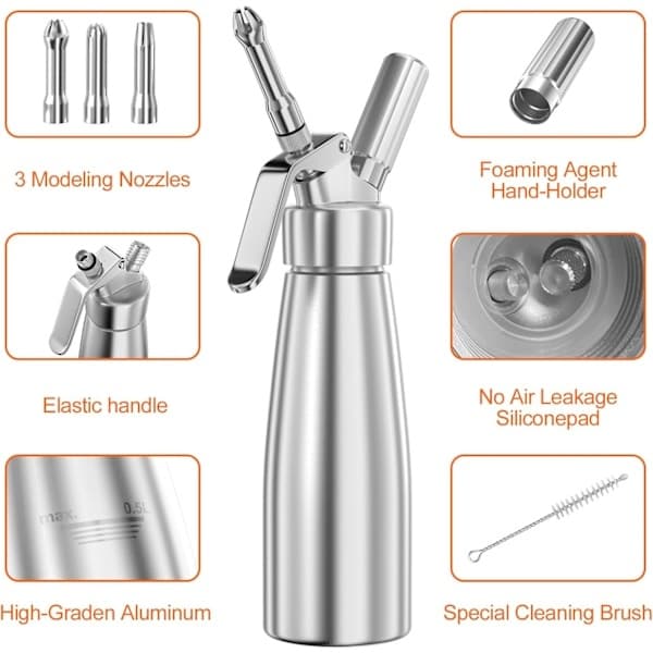 Aluminium flødesifon 500 ml, professionel flødedispenser med 3 dyser og rengøringsbørste