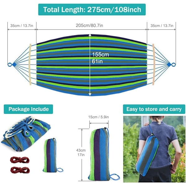 Hængekøje Bærbar Camping Hængekøje Opgraderet 550lb Komfortabel Stof Hængekøje（Blå Grøn）