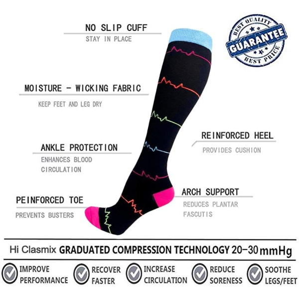 Kompresjonssokker kvinner og menn 20-30 mmhg knehøye sokker - best for løping, pleie, fotturer, restitusjon og fly (04-3 Pack Heart Fluctuation，Large-X-Large)