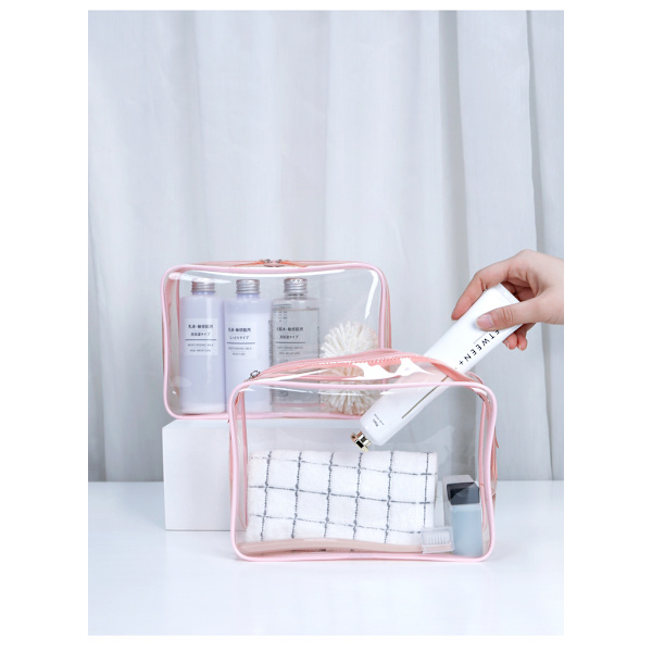 Transparent kosmetikpung, bærbar PVC vandtæt vaskepose opbevaringspose multifunktionel 2-delt sæt (pink)