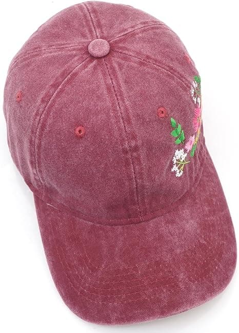 1 stk baseballcaps for kvinner, blomsterbrodert vasket bomullshatt, vinrød wine red