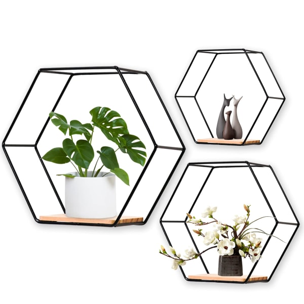 Hexagon metall vägg hyllor set om 3, dekorativa hängande hyllor, loft vägg hyllor, hyllor för väggdekoration