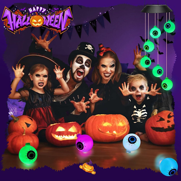 Halloween-dekorasjoner Utendørs, Halloween Øyeeplelys, Solcelledrevne Øyeeple-vindklokker Dekorative Lyslenker for Halloweenfest Innendørs Utendørs