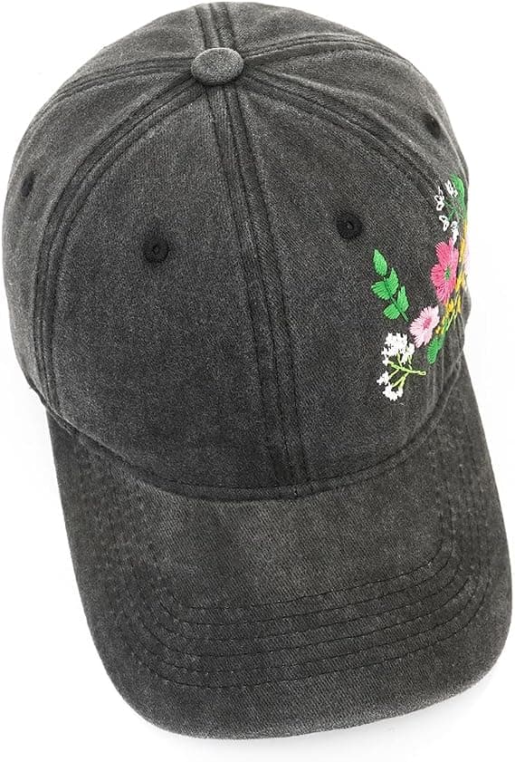 1 stk. baseballkasket til kvinder, blomsterbroderet vasket bomuldshat, sort black
