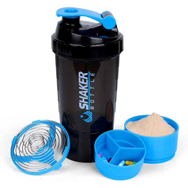 Protein shaker flaske 16oz shaker flaske til proteinshakes, protein shaker med opbevaring og mix kugle, 3 lag lækagesikker protein flaske blue