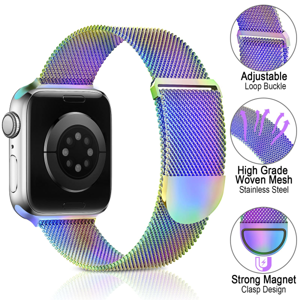 Metallband i rostfritt stål kompatibelt med Apple Watch -band 42 mm 44 mm 45 mm, flerfärgad ögla magnetiskt armband för iWatch Series 6 5 4 3 2 SE