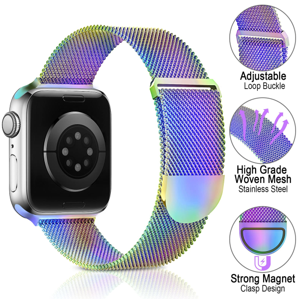 Metallinen ruostumattomasta teräksestä valmistettu ranneke, joka on yhteensopiva Apple Watch Rannekoreiden kanssa 42mm 44mm 45mm, Monivärinen magneettinen ranneke iWatch-sarjalle 6 5 4 3 2 SE