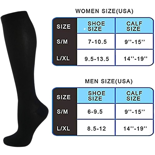 Kompresjonssokker kvinner og menn 20-30 mmhg knehøye sokker - best for løping, pleie, fotturer, restitusjon og fly（08-7 par svart，liten-middels）