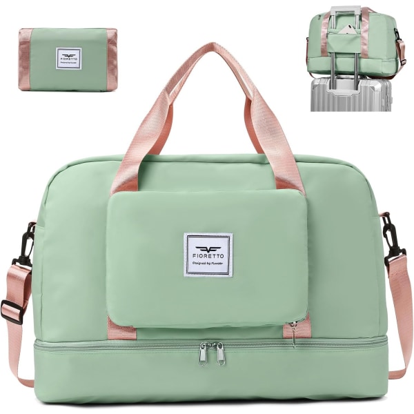 Sammenleggbar Weekend Bag Overnatting Sykehus Bag med Skoskuff og Våt Lomme, Vannbestandig Gym Duffel Bag for Reise Holdall for Kvinner Menn green pink