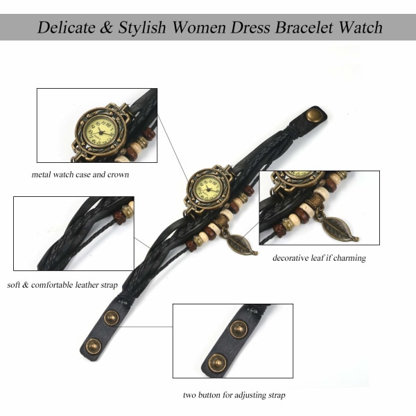Damklocka, Retro Flätad Läderarmband Bangle Armbandsklocka med Träd Blad Hänge för Kvinna Flickor