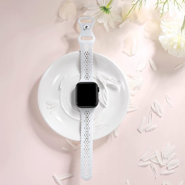 Pitsihihnat yhteensopivat Apple Watch -hihnan kanssa 38mm 40mm 41mm 42mm 44mm 45mm, pehmeä silikoni ontto elegantti hengittävä hihna iWatch Series SE:lle white 38/40/41MM