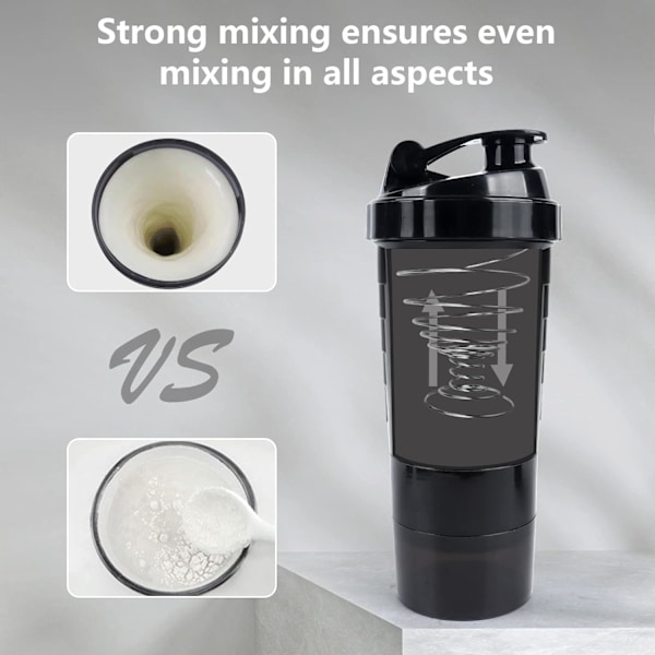 Protein shaker flaske 16oz shaker flaske til proteinshakes, protein shaker med opbevaring og mix kugle, 3 lag lækagesikker protein flaske black