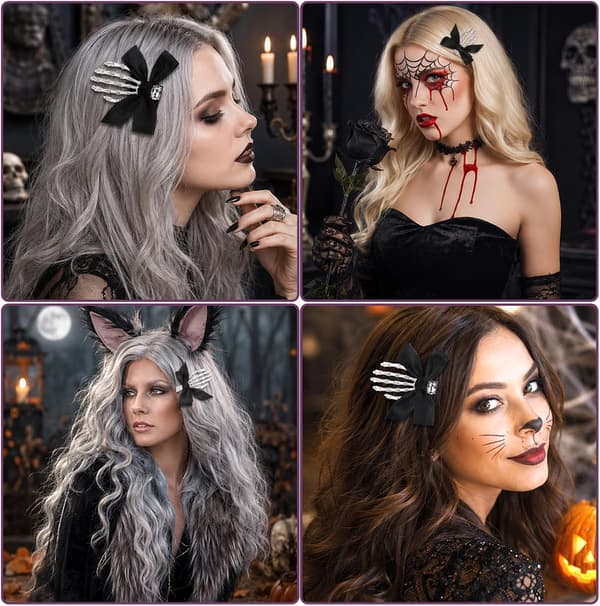 4 stk. Halloween-hårtilbehør med skeletthånd, hårklemmer, sølv silver