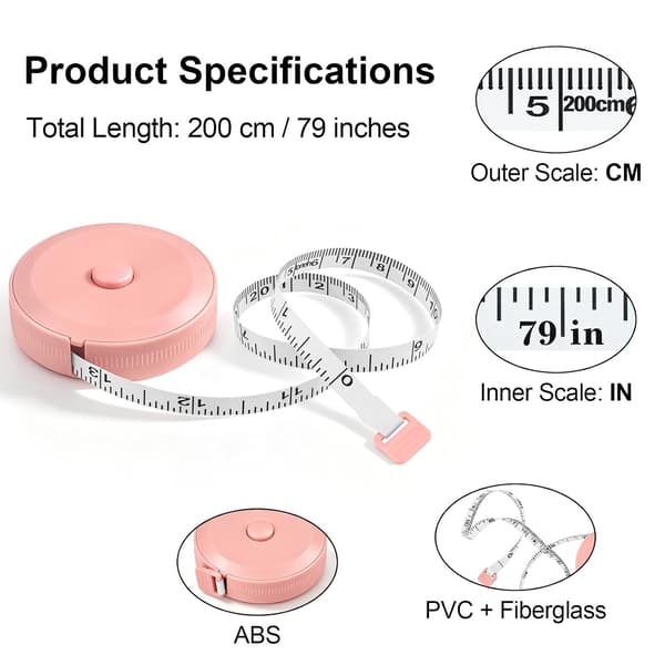 Bärbart måttband 2M / 79 tum, 2-pack dubbelsidigt hållbart mjukt infällbart skräddarmåttband, vit*1, rosa*1 white，pink