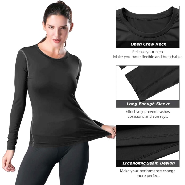 Kompressionströja dam Dry Fit Långärmad löpning atletisk T-shirt träningströjor, liten 2-pack (svart+grå)
