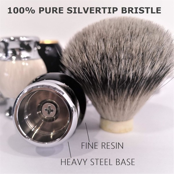 100 % Silvertip Badger hårbarberkost, håndlaget barberkost med fint harpikshåndtak og rustfritt stålbase (svart)