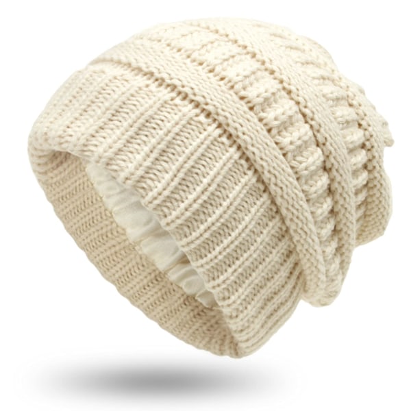 Stickad mössa för damer Satinfodrad cap för damer Slouchy Winter Warm Hat