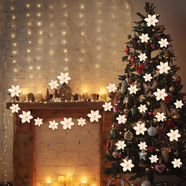 24 stycken julglitter-julstjärnor Bröllop Konstgjorda blommor Juldekorationer Ornament för julgran Nyår (10 cm) white