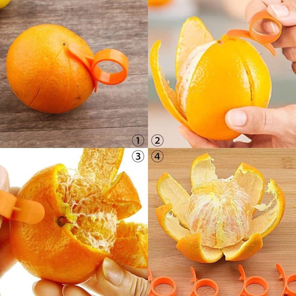 Pakkauksessa 6 appelsiinin kuorintakonetta, appelsiinin kuorimia, hedelmäkuorimia, luovia kuorimia, sitruuna- ja sitrushedelmiä