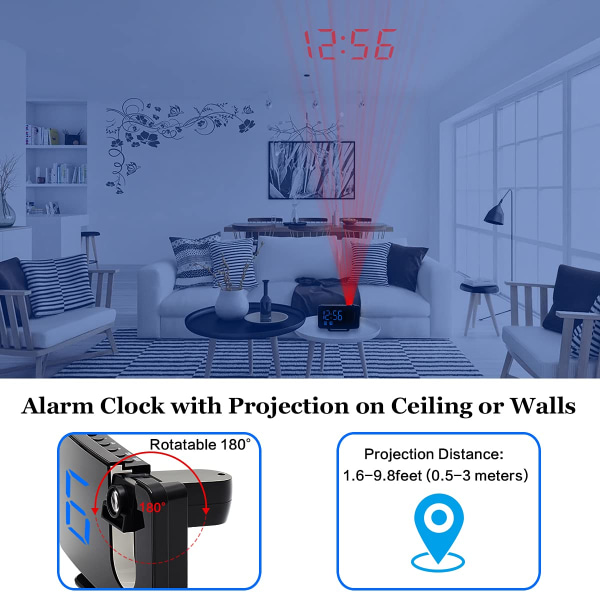 Projektionsvækkeurradio, digitalt vækkeur med USB-oplader/projektion i loftet, højt dobbeltvækkeur, enkelt projektorvækkeur