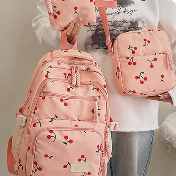 3 stk. sæt kirsebærrygsæk til piger, æstetisk skoletaske til piger søde rygsækssæt, skoletaske med blomsterprint (sort) Cherry ，black