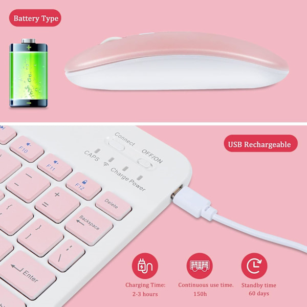 Langaton näppäimistö ja hiiri - Ladattava ohut Bluetooth-näppäimistö ja hiirisetti, hiljainen Bluetooth-hiiri, langaton näppäimistö yhteensopiva PINK