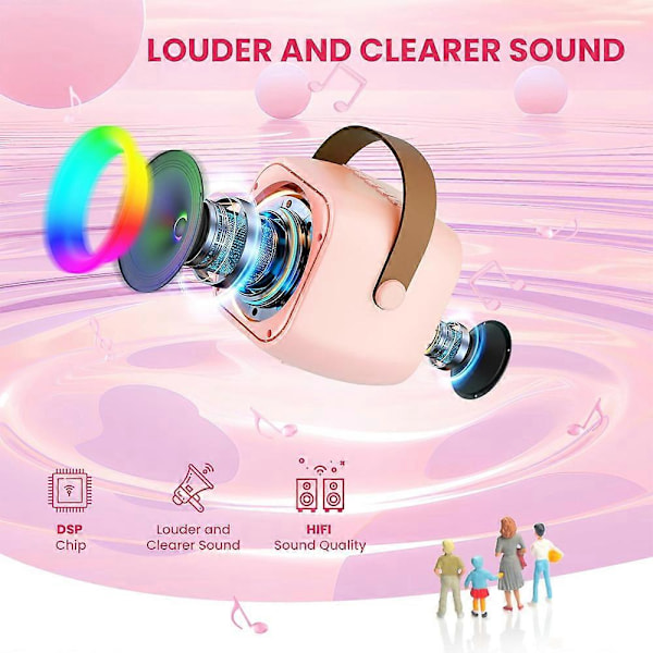 Karaoke-laite lapsille ja aikuisille, Mini kannettava Bluetooth-karaokekaiutin 2 langattomalla mikrofonilla ja valolla Pink 2 mic