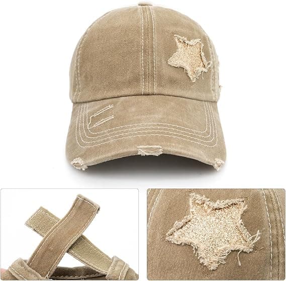 1 stk. Vasket bomuld distressed baseballkasket til kvinder med hestehalehul Udendørs solhat, khaki. khaki