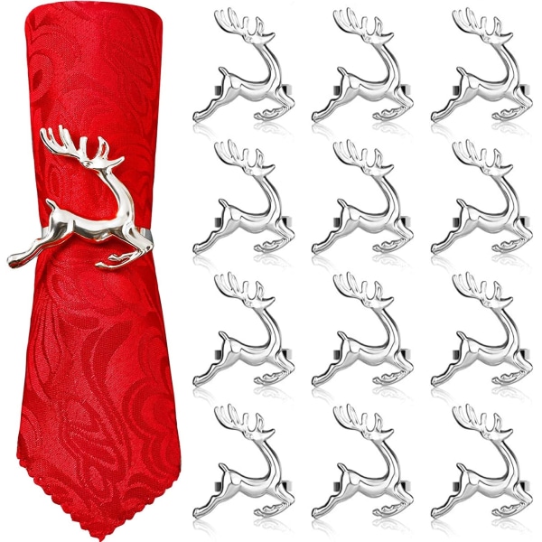 12 stk. julereinsdyrserviettringer, 6 cm sølv hjortserviettholdere Reinsdyrserviettspenne til julelunsj Thanksgiving Party Holiday