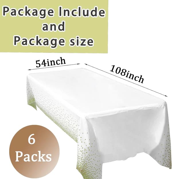 6-pack gulprickiga dukar för rektangulära bord, 54\" x 108\" vita plastdukar engångsdukar för fester, guld. gold