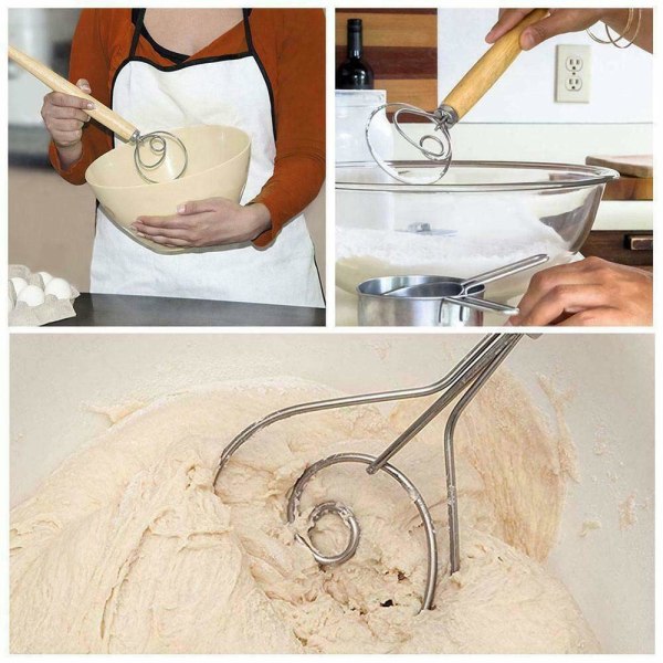 Alkuperäinen tanskalainen taikinavispilä, 13 tuumaa ruostumatonta terästä hollantilaistyylinen leipätaikina käsisekoitin puinen kahva keittiön leivontatyökalut