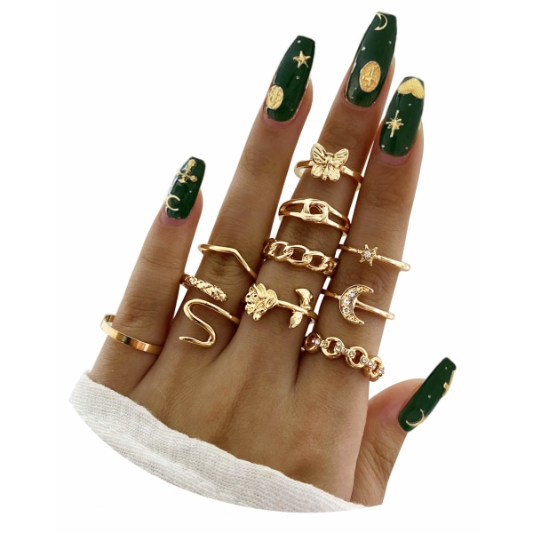 Guld Silver Knuckle Rings Set for Women Girls, 10ST BOHO Ringar, Vintage Snake Chain Flower Rings, Guldpläterad Statement Ring Midi Rings Size Mixed