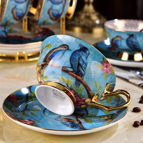 Tech Euro Style Kop& Underkop Sæt, Bone China Tekop Kaffe Kop til Morgenmad Hjem Køkken- Fugle og Træer Mønstre (Blå)