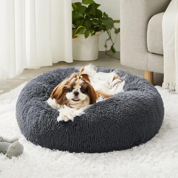 Koiran sänky ja kissan sänky, alkuperäinen rauhoittava koiransänky Anti Anxiety Donut Cuddler Pyöreä lämmin sänky koirille, jossa on pörröinen mukava pehmo kenneltyyny (20",24",27")